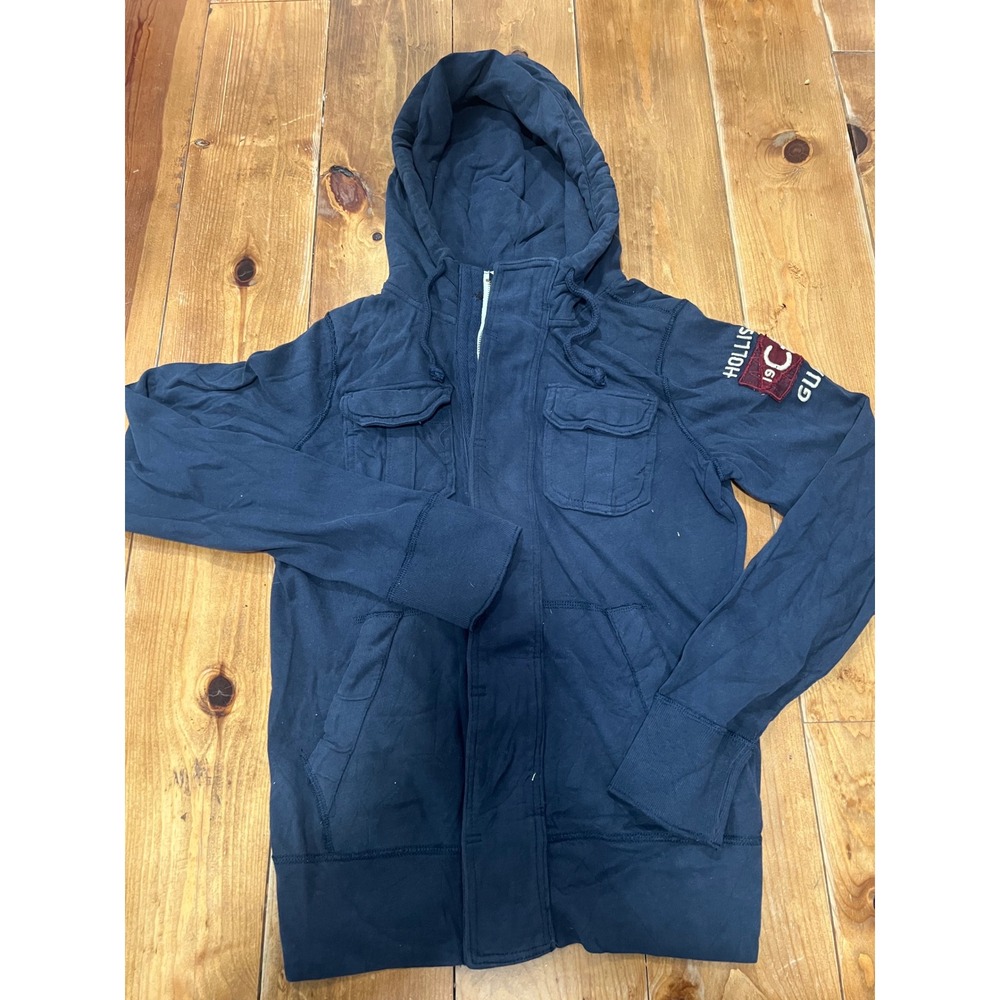 Hollister California Mens Small Navy Blue Full Zip Utility Hoodie Patch Logo